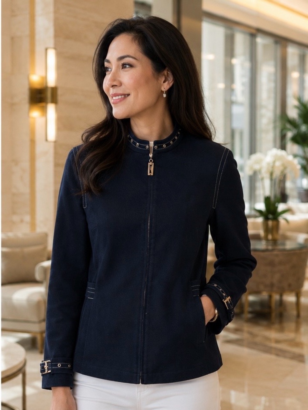 St. John Sport Rich Blue Denim with Studded Accents Zip Jacket – Petite